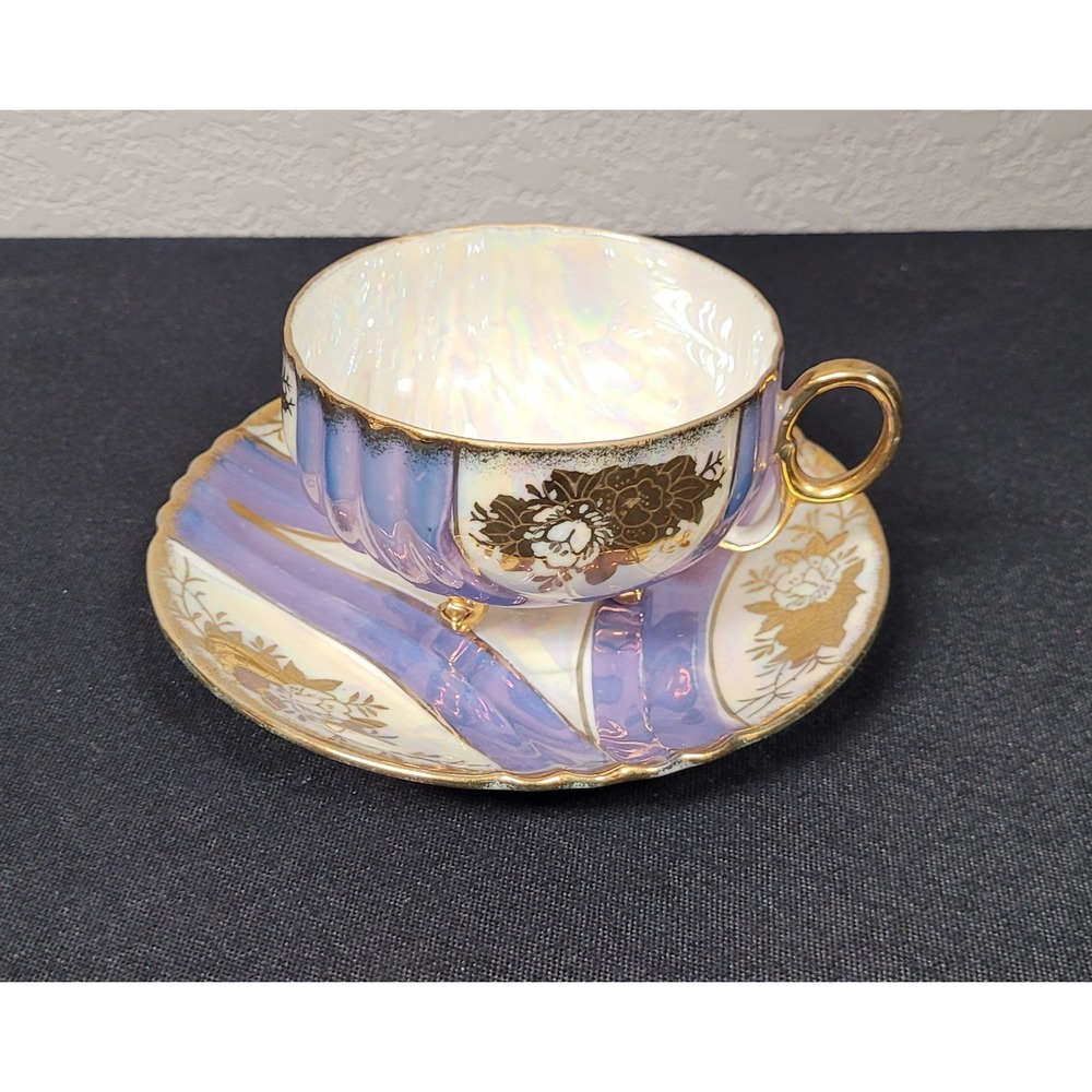 Vtg Nasco Del Coronado Teacup Saucer Set Iridescent Blue Gold Footed Japan